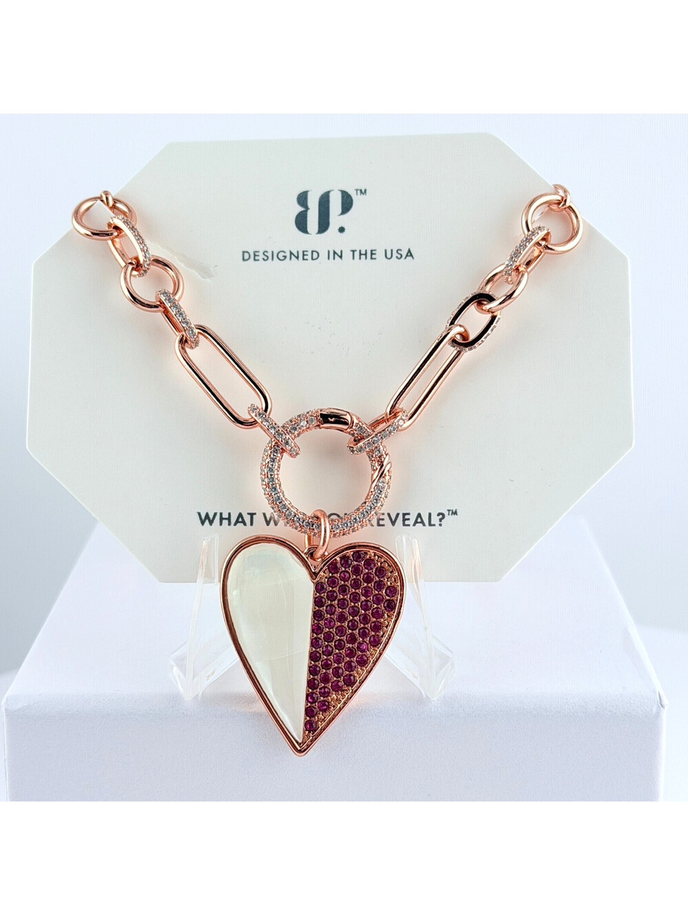 Bomb Party Pendants "Hearts on Fire" Mother of Pearl Heart on MHA Chain